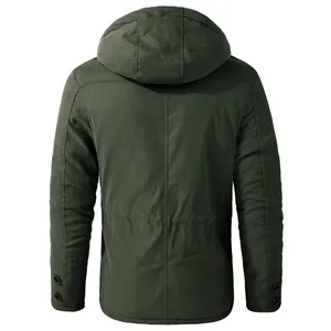 US size men's hooded cotton jacket in army green, back view casual medium-long style