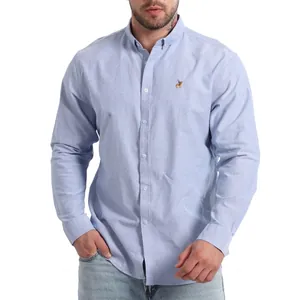 Klassisches hellblaues Oxford-Langarmhemd für Herren aus reiner Baumwolle mit Stickerei