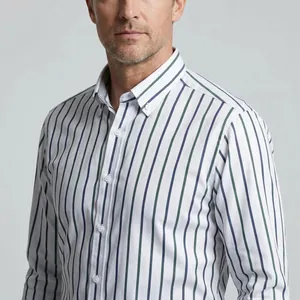 Close-up of men's long-sleeve shirt featuring navy and green vertical stripes on white.