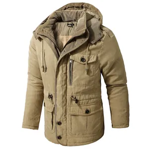 Men's heavy hooded parka jacket with sherpa lining and multi-pocket design