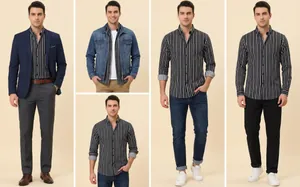 Professional collage showing men's vertical striped long sleeve shirt in multiple styles
