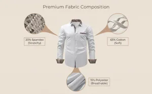 Détail de la composition du tissu haut de gamme pour chemise homme à manches longues.