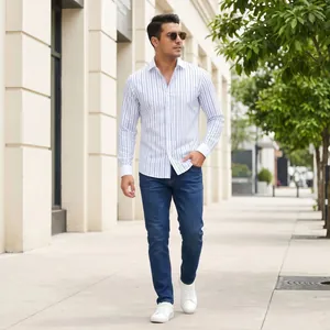 Camicia a maniche lunghe a righe blu da uomo di alta qualità con colletto Windsor