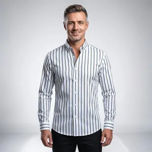 Detailed front view of a premium men's long-sleeve shirt with dark vertical stripes