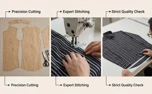 Detail showing professional manufacturing steps of striped long-sleeve men's shirt quality
