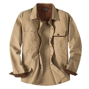 Men's American Vintage Cargo Shirt 100% Cotton Corduroy Patchwork Contrast Color Long Sleeve Loose Top Casual Work Shirt