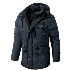 Men's oversized hooded parka jacket with warm fleece lining and multi-pocket design