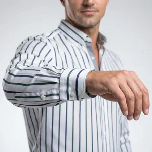Close-up of men's vertical striped long sleeve shirt showing cuff and quality fabric