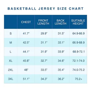 Guida alle taglie dettagliata per maglie da basket con misure di torace e lunghezza