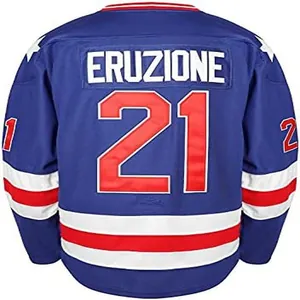 Back view detail of vintage blue hockey jersey with Eruzione 21 printed