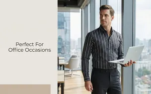 Professional men's vertical striped long-sleeved shirt shown in a modern office scene