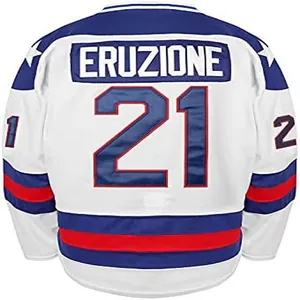 Vintage white Mike Eruzione 21 USA Miracle on Ice hockey jersey back view detail