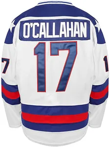 Back view of retro white ice hockey jersey featuring O'Callahan 17 name and number