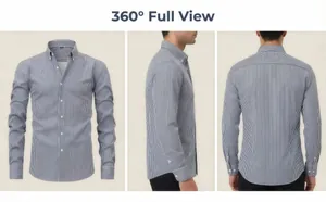 Vue détaillée à 360 degrés de l'avant, du côté et de l'arrière de la chemise à rayures