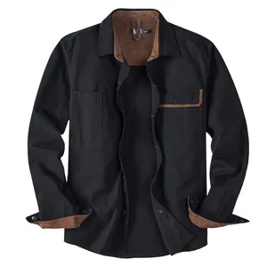Men's loose cotton work shirt with corduroy contrast collar and cuffs in black