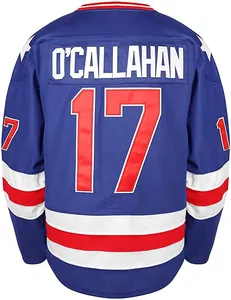 Detailed back view of vintage blue hockey jersey with O'Callahan 17 lettering and numbers.