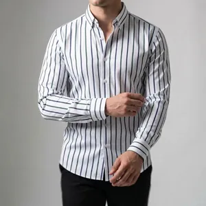 Men's Business Casual Digital Print Striped Long Sleeve Turn-down Collar Shirt Four-way Stretch Slim Fit Non-Iron Top