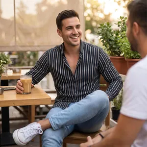 Men's casual long-sleeved striped lapel shirt shown in a lifestyle outdoor cafe setting
