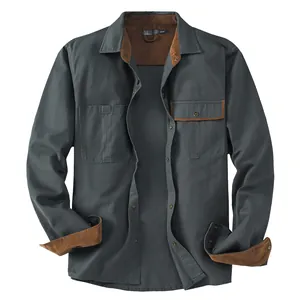 Men's dark grey cotton work shirt with brown corduroy patchwork details in US size