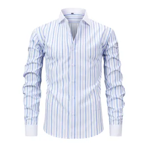Camicia a maniche lunghe da uomo a righe verticali bianche e blu con collo Windsor.