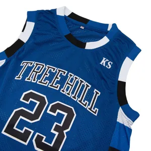 Detailed view of blue vintage basketball jersey with Tree Hill 23 embroidery
