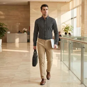 Professional men's vertical striped long sleeve shirt with classic lapel in black and white