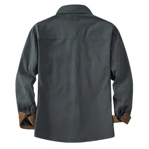 Men's long sleeve cotton work shirt in charcoal grey with brown corduroy cuffs, back view