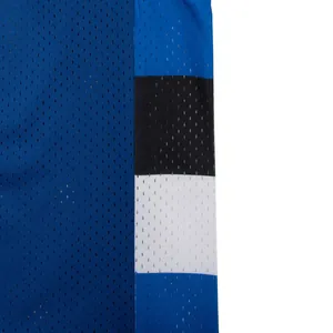 Close-up of blue mesh basketball jersey fabric with black and white side stripes