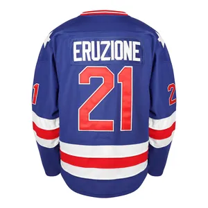Classic blue Mike Eruzione #21 vintage hockey jersey with red and white stripes