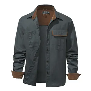 Men's loose washed cotton long sleeve shirt with corduroy patchwork and metal buttons