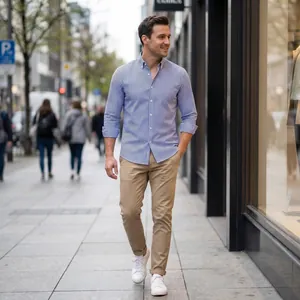 Chemise décontractée à rayures bleues pour hommes portée avec un pantalon chino kaki