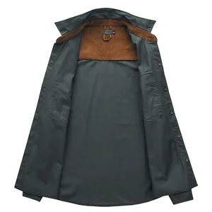 Men's loose long sleeve cotton shirt featuring corduroy interior patchwork and metal buttons