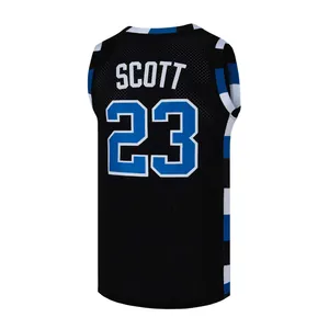 Detailed back view of a black mesh basketball jersey featuring Scott and number 23