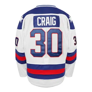 Classic white ice hockey jersey back view with blue stars and CRAIG 30 name print