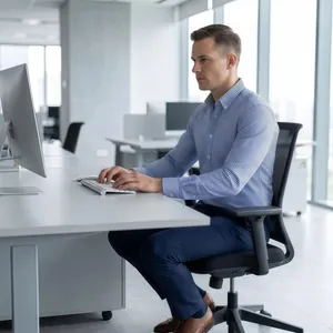 Vue latérale d'un homme en chemise rayée bleue extensible sans repassage