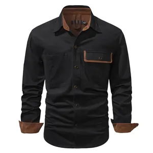 Men's washed cotton long-sleeve work shirt with corduroy collar and cuffs
