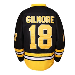 Back view detail of black ice hockey jersey with embroidered Gilmore 18 name and number