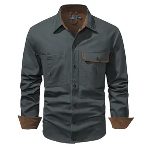 Men's dark grey washed cotton work shirt with brown corduroy accents