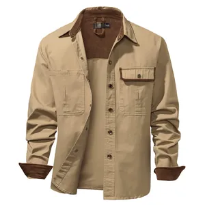 Men's khaki washed cotton long-sleeve shirt with corduroy collar and metal buttons