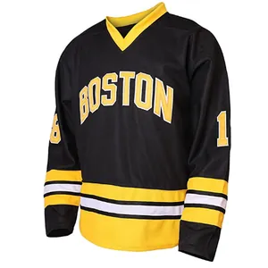 Premium detailed view of men's black No.18 Boston hockey jersey with yellow striped accents