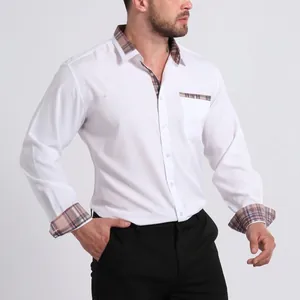 Chemise Business Homme Manches Longues Col Plaid Contraste Sans Repassage Stretch Polyester Élasthanne Patchwork Mode Top
