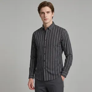 Men's Smart Casual Long Sleeve Striped Dress Shirt Digital Printed Four-Way Stretch Non-Iron Lapel Business Commute Shirt