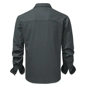 Premium men's dark grey washed cotton long-sleeved workwear shirt, back view display.