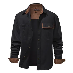 Men's black cotton shirt with brown corduroy patchwork, metal buttons, and long sleeves
