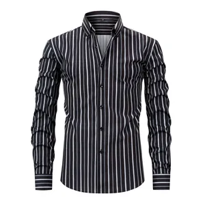 Men's striped long-sleeve dress shirt with vertical black and white digital print pattern