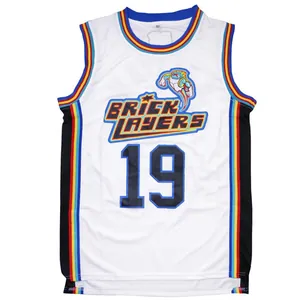 Macro view of the embroidered Brick Layers logo and number 19 on this retro white jersey.