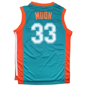 Vue arrière d'un maillot de basket turquoise pour hommes avec broderie MOON 33 en relief