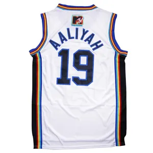 Detailed back view of white retro basketball jersey with Aaliyah 19 and MTV logo