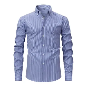 Chemise classique à rayures verticales bleues et blanches sans repassage pour homme