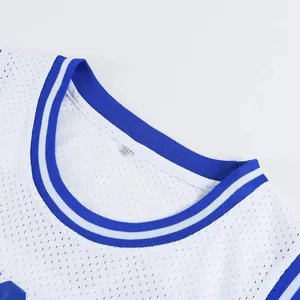 Detailaufnahme des blau-weiß gestreiften Kragens und Mesh-Gewebes eines Basketballtrikots.